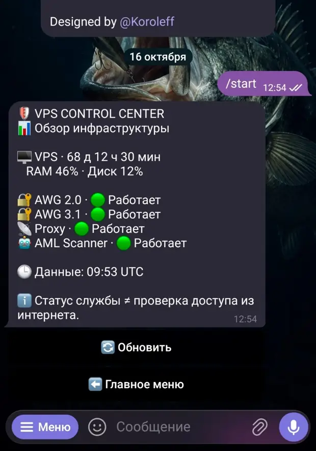 Экран обзора инфраструктуры и статусов служб в Telegram