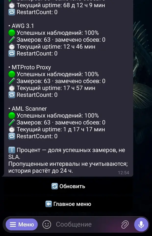 Экран Service Reliability 24 часа с историей наблюдений