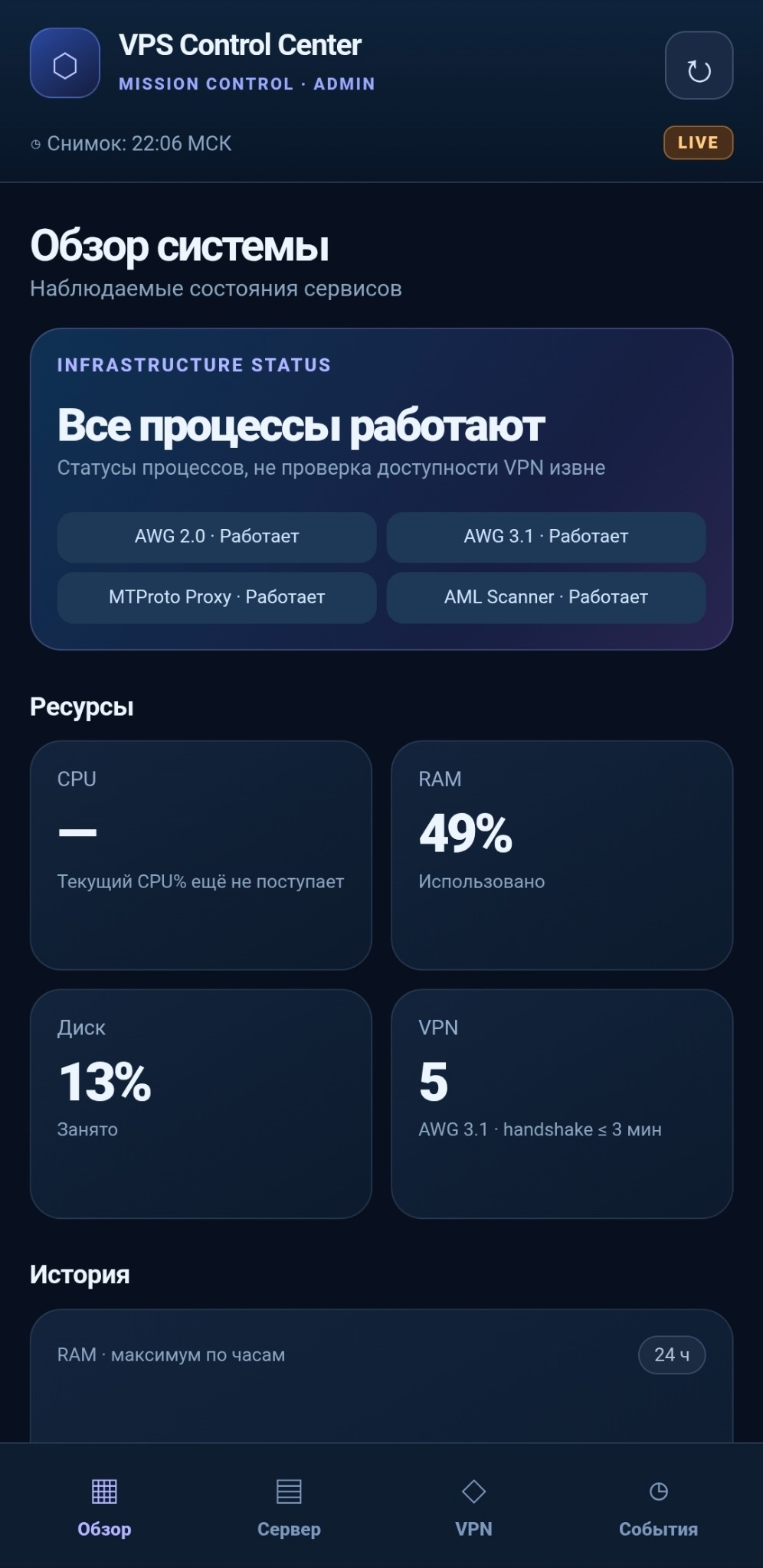 Состояние инфраструктуры: Обзор сервисов, RAM, диска и VPN